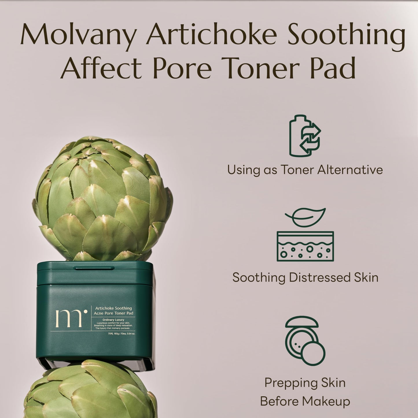 Molvany Artichoke Pads to Calm Redness & Hydrate Skin, Gentle Daily Facial Pads, 70 Pads (160 g / 5.64 oz.)