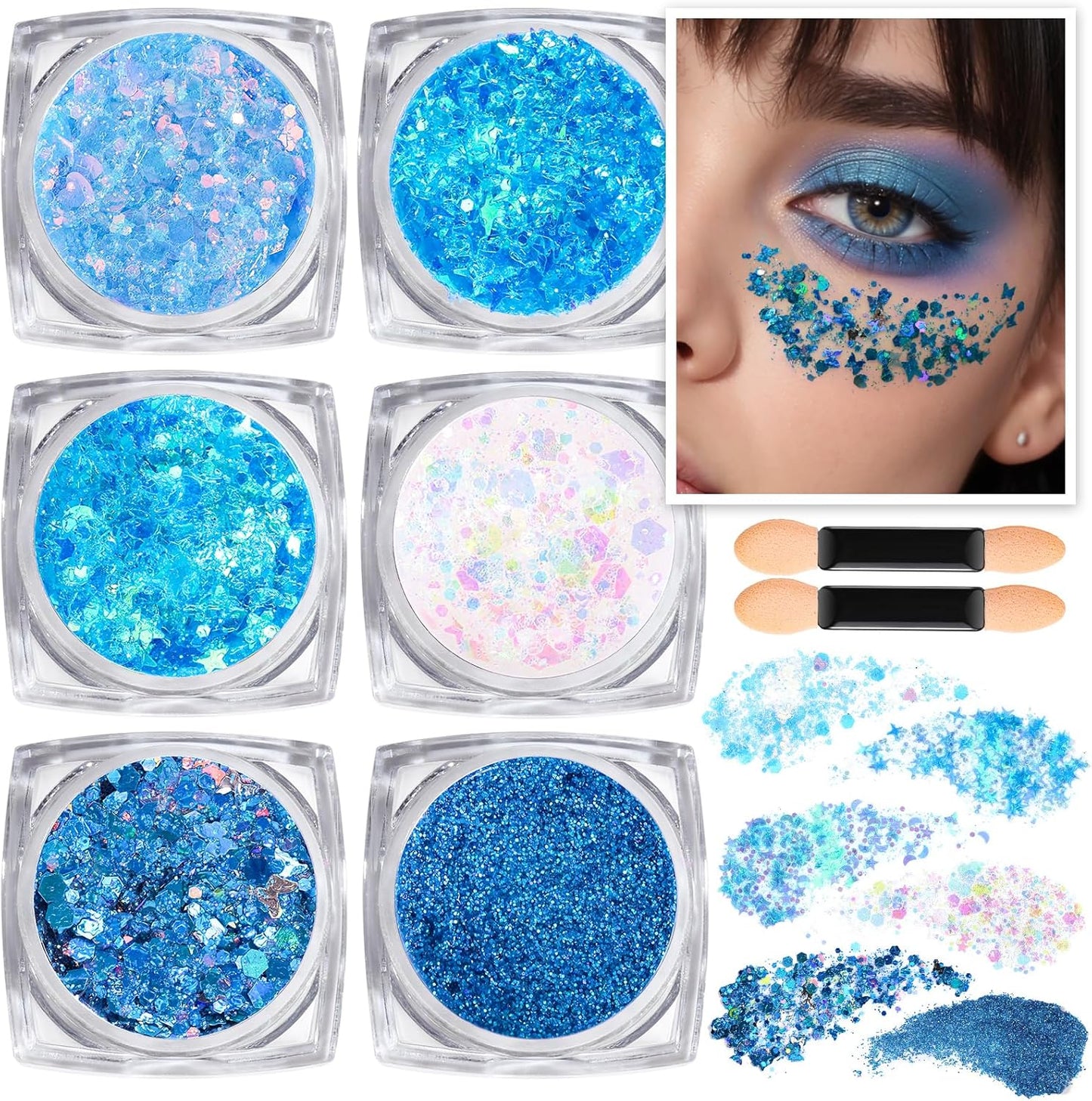 Teenitor Face Glitter Body Glitter, Clear White Body Glitter Gel, Hair Glitter Gel, 6 Shapes Rave Glitter, Mermaid Sequins Makeup Glitters Face Paint, Chunky Sparkling Glitter Gel for Women