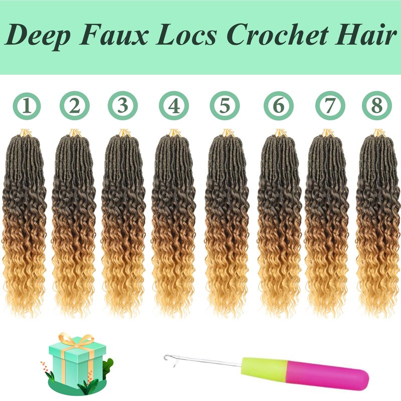 Deep Faux Locs Crochet Hair 30 Inch 8 Packs Goddess Locs Crochet Hair 1B3027 Soft Loc Faux Loc Crochet Braids with Curly Ends Prelooped Deep Wave Croceht Braids for Black Women(Black to Blonde)