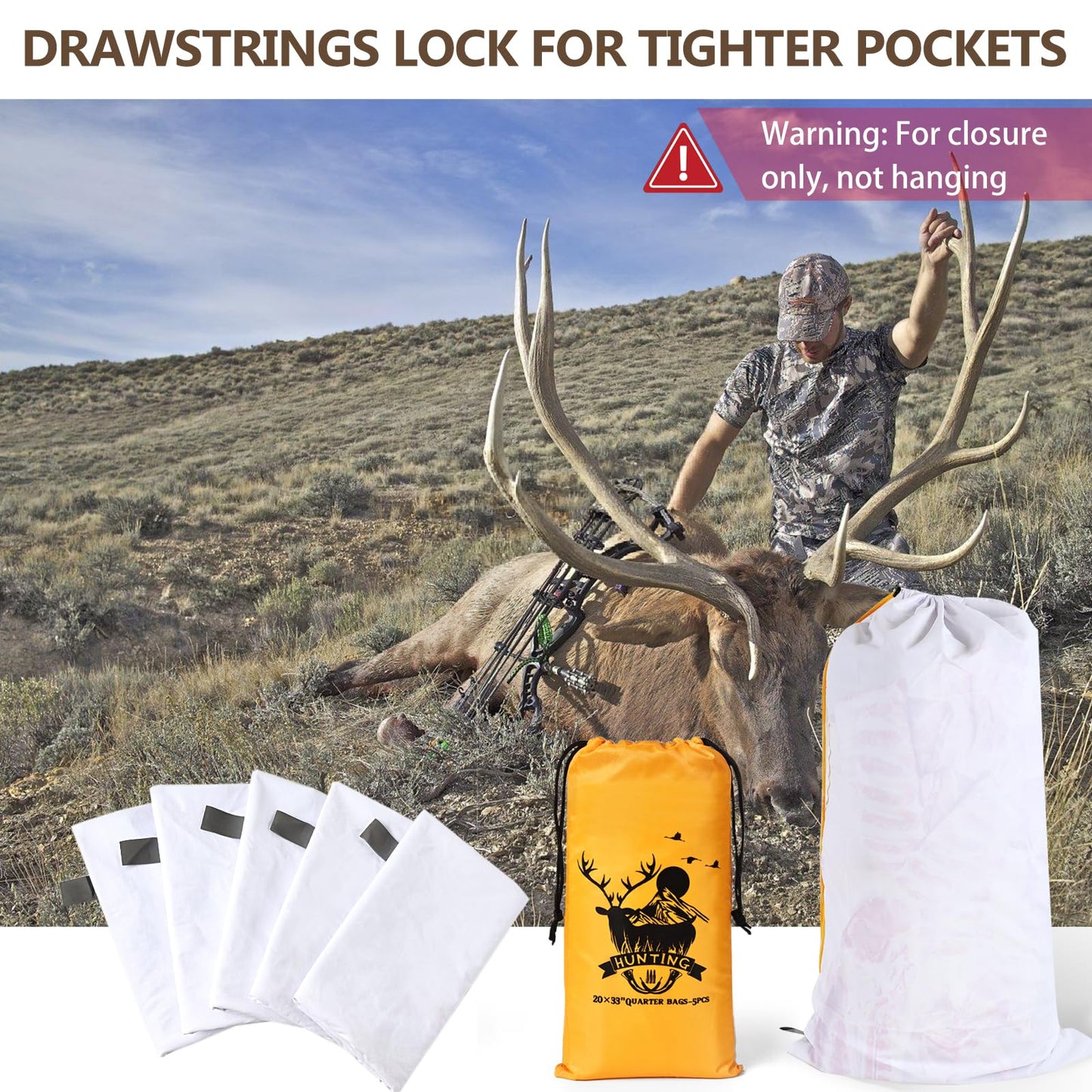 Deer Game Bags Elk Hunting Bags Taslon Meat Bag Reusable 33-Inch Heavy Duty Drawstring Hunting Meat Bags Game Quarter Bag with Reflective Strip, 5 Pack