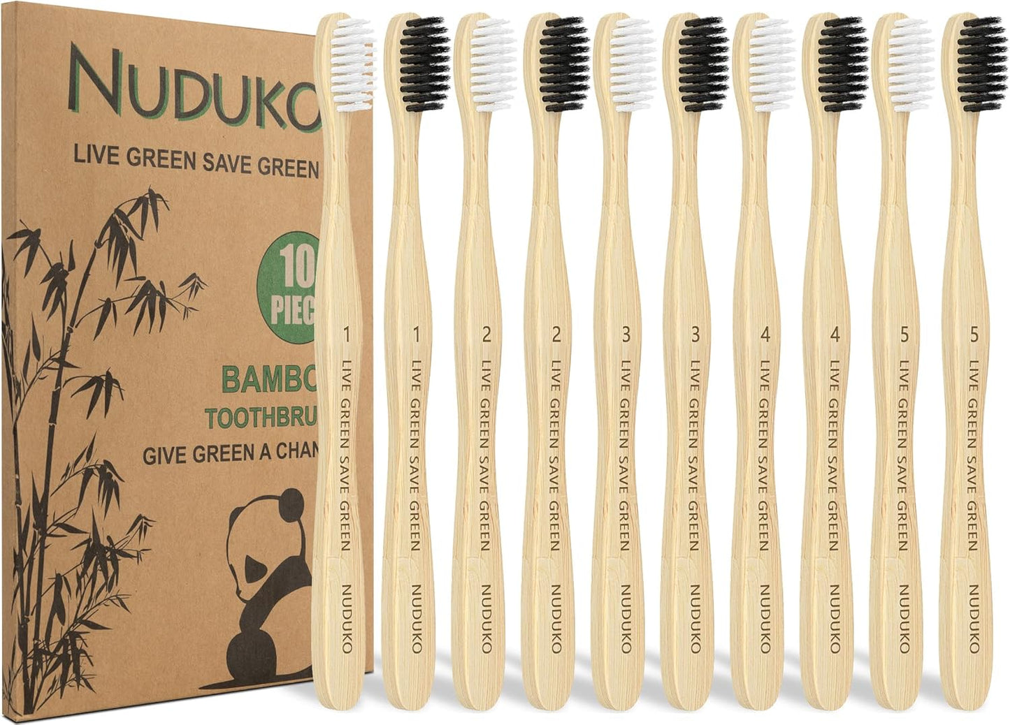 Biodegradable Bamboo Toothbrushes, 10 Piece BPA Free Soft Bristles Toothbrushes, Natural, Eco-Friendly, Green and Compostable