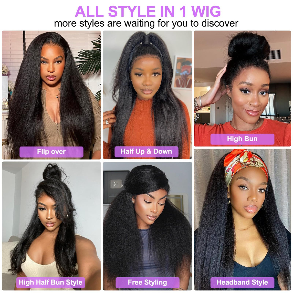 COOKOO Yaki Straight Half Wig Synthetic Hair 3 In 1 Beginner Friendly No Lace Flip Over Half Wigs Drawstring Ponytail Wig Natural Black Glueless Kinky Straight Half Wigs for Women 26 Inch