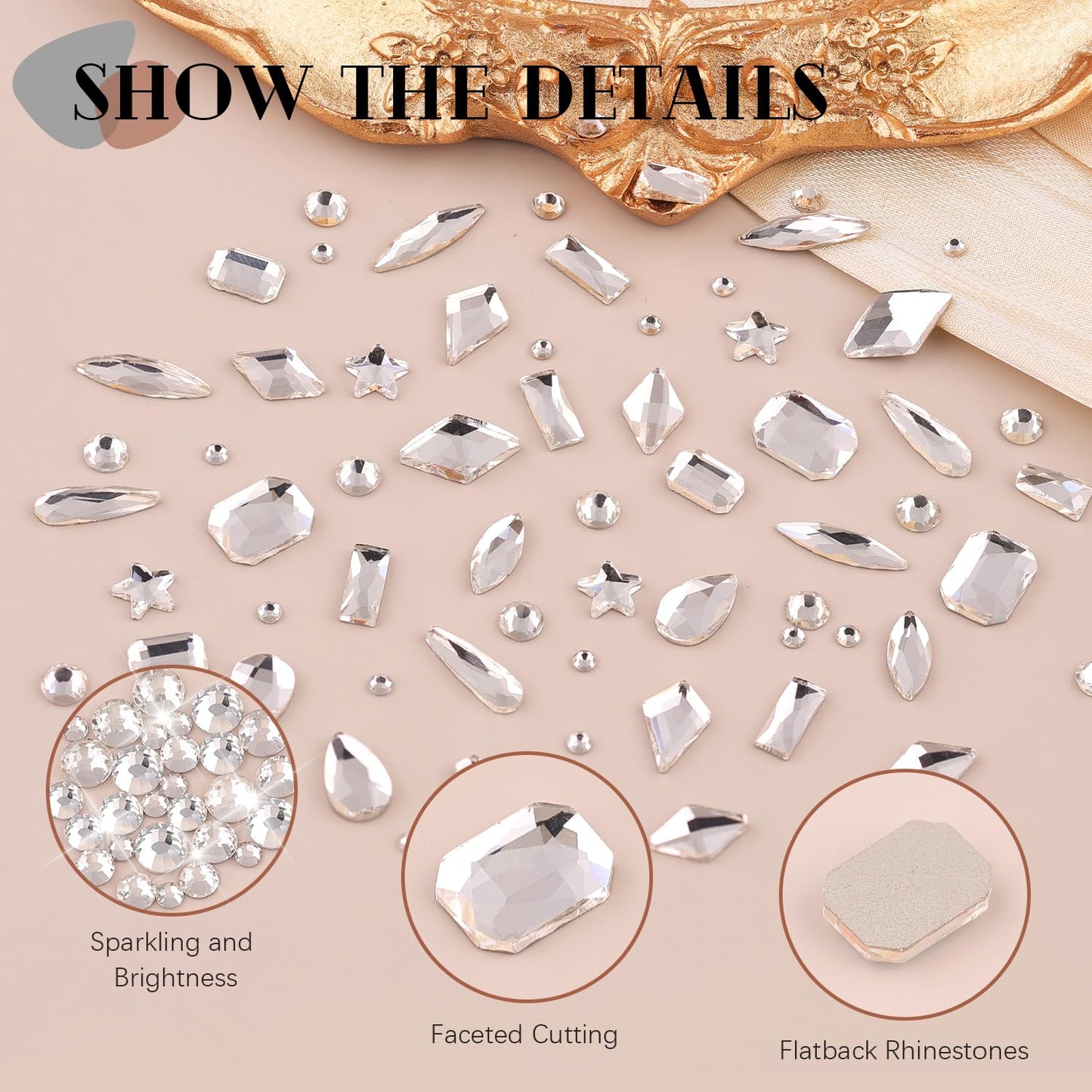 3220Pcs Champagne Gold Nail Rhinestones 120Pcs Multi Shapes Flatback Gems Charms Crystal+3100Pcs 1.5-4mm Round Beads, Glass Diamond Gemstones for Bedazzling Acrylic Nails Decoration