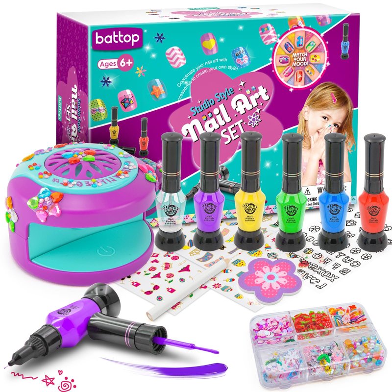 BATTOP Kids Nail Art Kit for Girls Ages 7-12 with Nail Dryer & 2 in 1 Water Based Nail Polish Pen & 3D Decoration & Sticker and Nail Flier - Idea Birthday Gifts for Girls 7 8 9 10 11 12