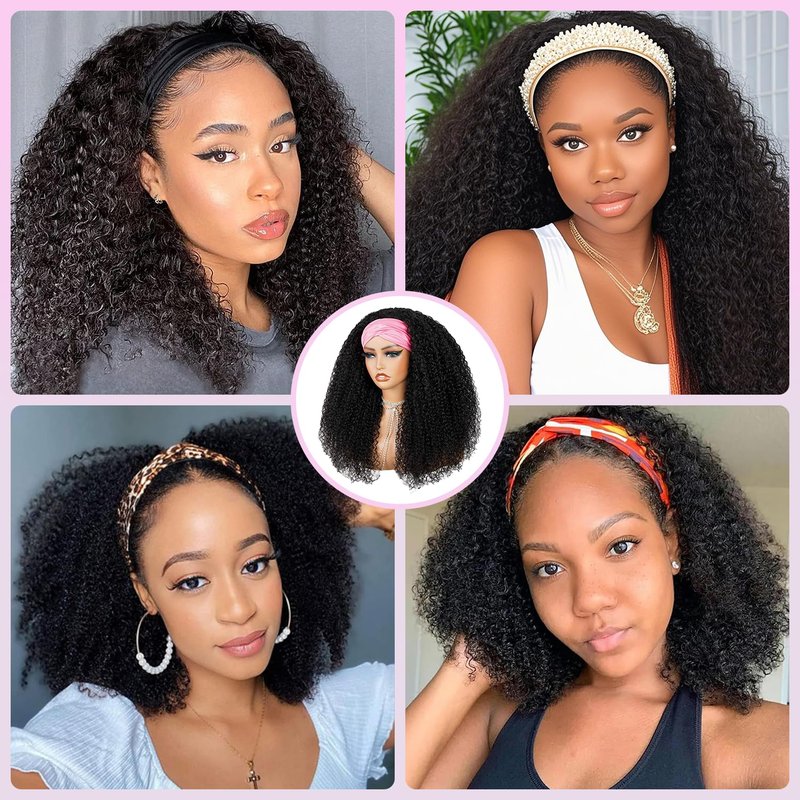 CUUYUN Kinky Curly Headband Wig Human Hair Curly Headband Wigs for Black Women 12 Inch None Lace Front Wigs Machine Made Wigs Glueless Brazilian Curly Human Hair Wig