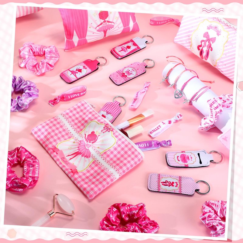 Clysee 60 Pcs Ballerina Party Favors Set Ballet Party Supplies Decoration 12 Makeup Bags 12 Bracelets 12 Knotted Rubber Bands 12 Keychains 12 Elastic Scrunchies for Girl Daughter Dancing Gift
