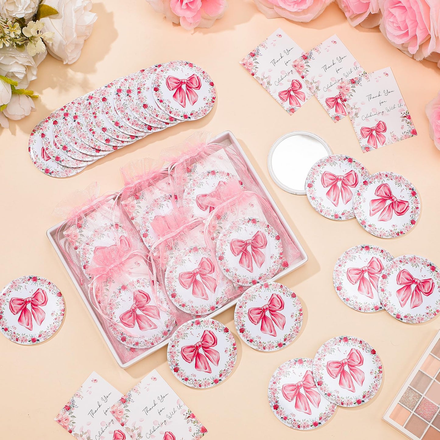 Namalu 48 Sets Coquette Pink Bow Party Favors Compact Mirror Bulk Pink Bow Gift Bag and Thank You Cards Bags for Baby Shower Bridal Wedding Guest Appreciation Gifts Gender Reveal