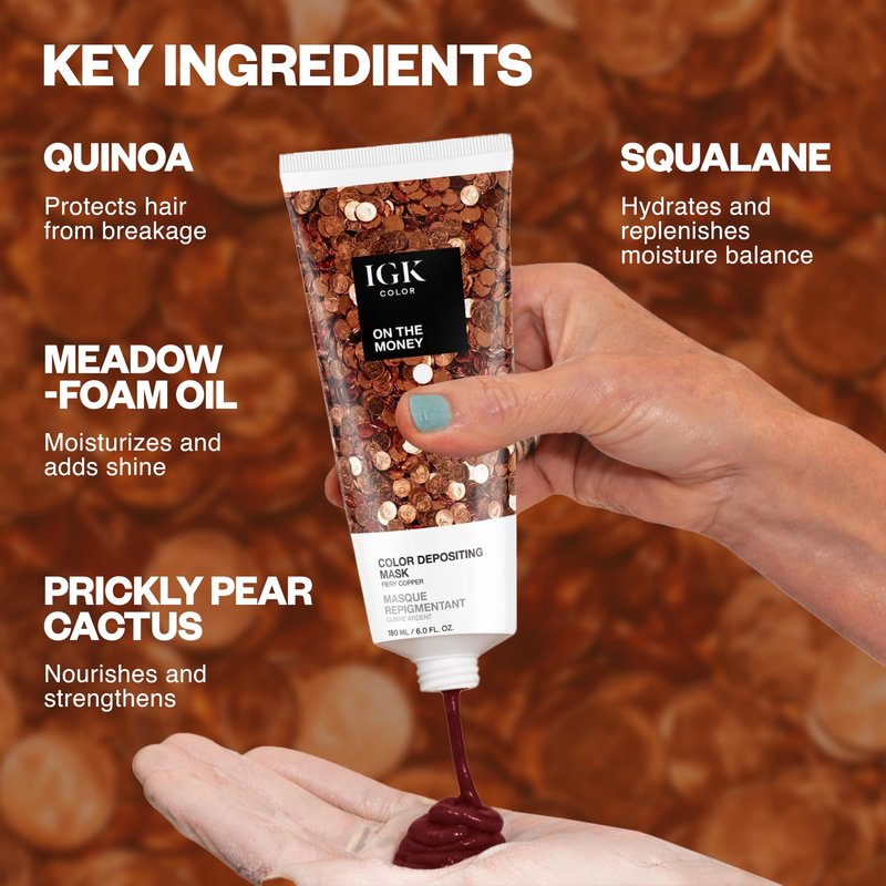 IGK On The Money | Fiery Copper Hair Gloss + Color Depositing Mask | Boost Shine, Enhance Copper Tones, Refresh Color | Semi Permanent Conditioning Treatment | Vegan | 6 oz