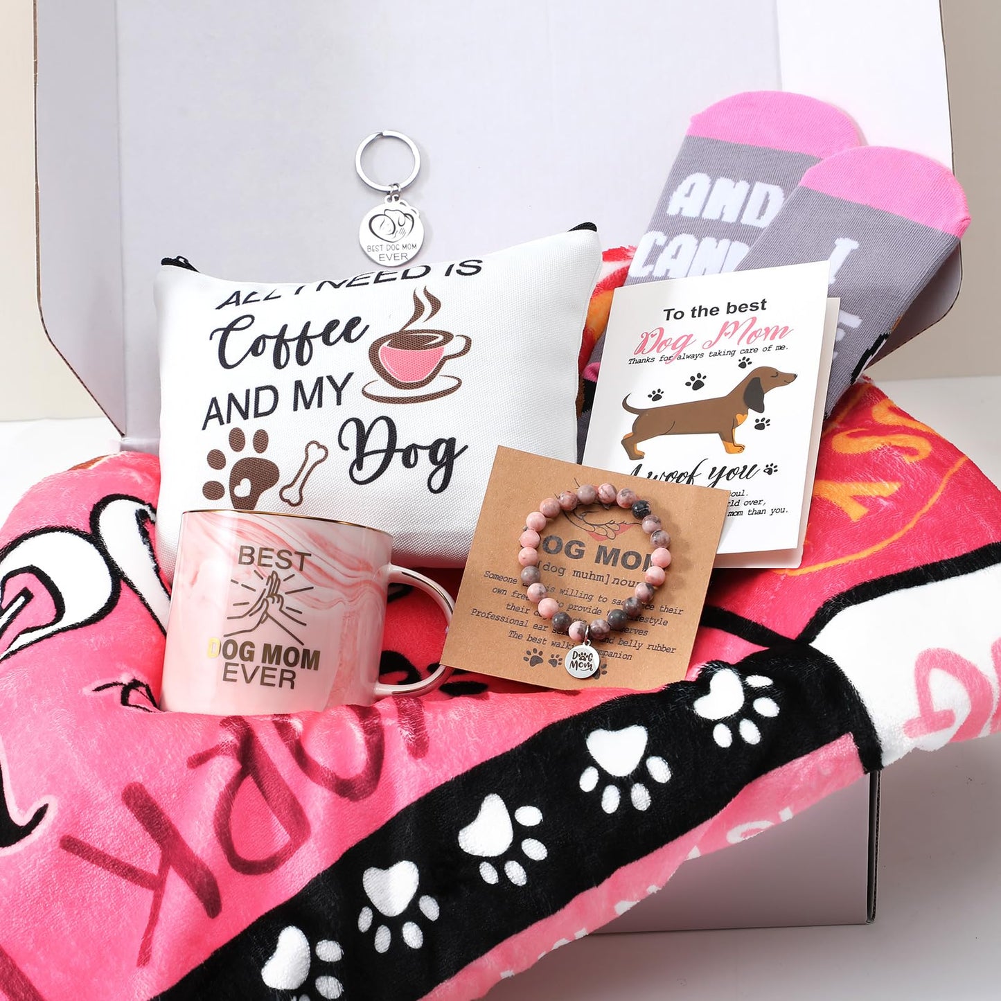 HunnmingRe 9 Pcs Dog Lover Mom Gifts for Women Novelty Fleece Blanket Blanket Socks Mug Cosmetic Bag Keychain Bracelet Cards Mother's Day Idea Gifts Box Set for Mom Birthday Basket Valentine's Day