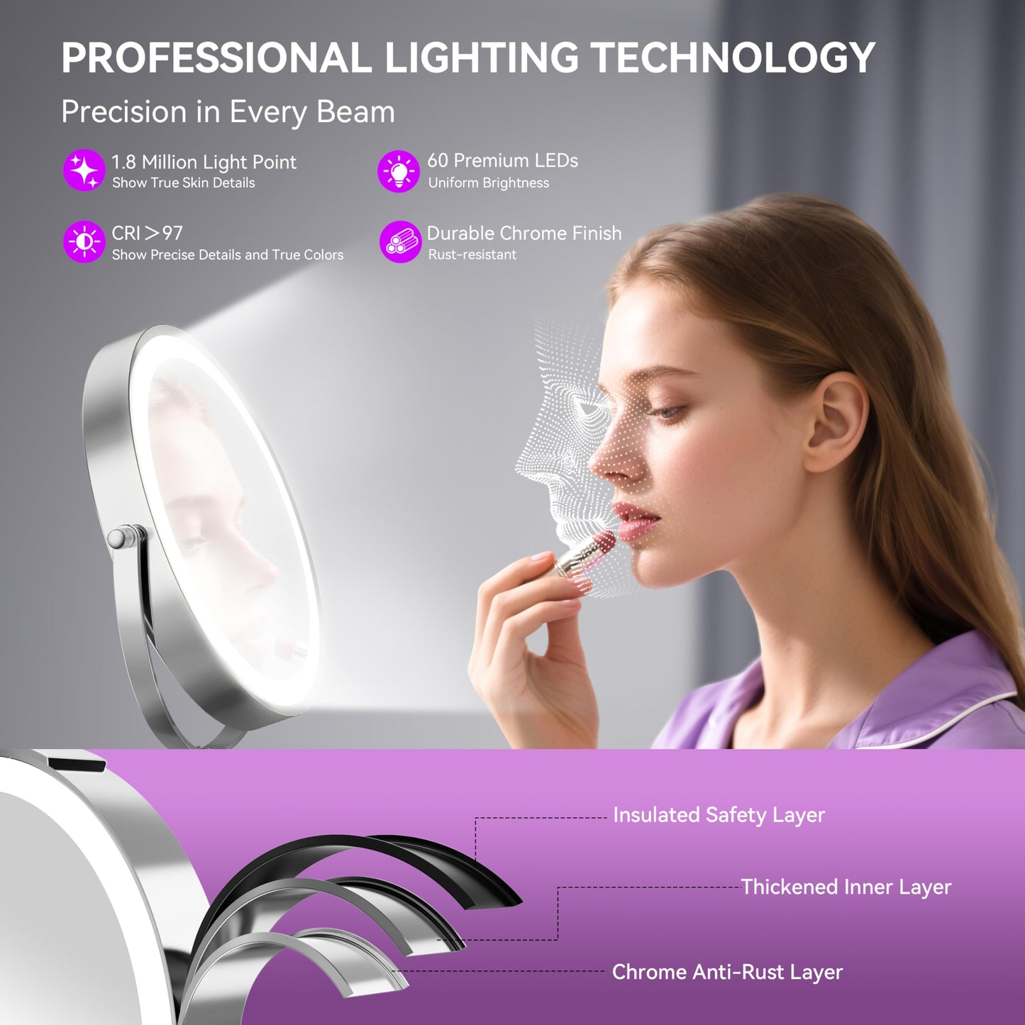 Auxmir 9" Large Lighted Makeup Mirror with Magnification, 1X/30X Double Sided Magnifying Mirror with Adjustable Height, Rechargeable Vanity Mirror with 3 Color Dimmable Lights, 360ยฐ Rotation