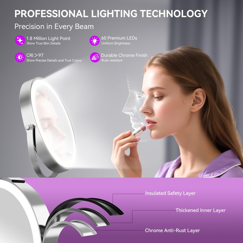 Auxmir 9" Large Lighted Makeup Mirror with Magnification, 1X/30X Double Sided Magnifying Mirror with Adjustable Height, Rechargeable Vanity Mirror with 3 Color Dimmable Lights, 360ยฐ Rotation