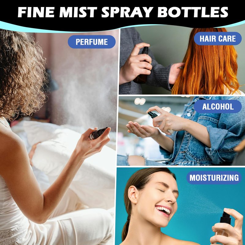 DupakSYS 100 Pack 2oz/55ml Plastic Small Spray Bottles Mini Travel Spray Bottle with Black Cap Empty Fine Mist Spray Bottles Refillable Liquid Container for Perfumes Travel Makeup