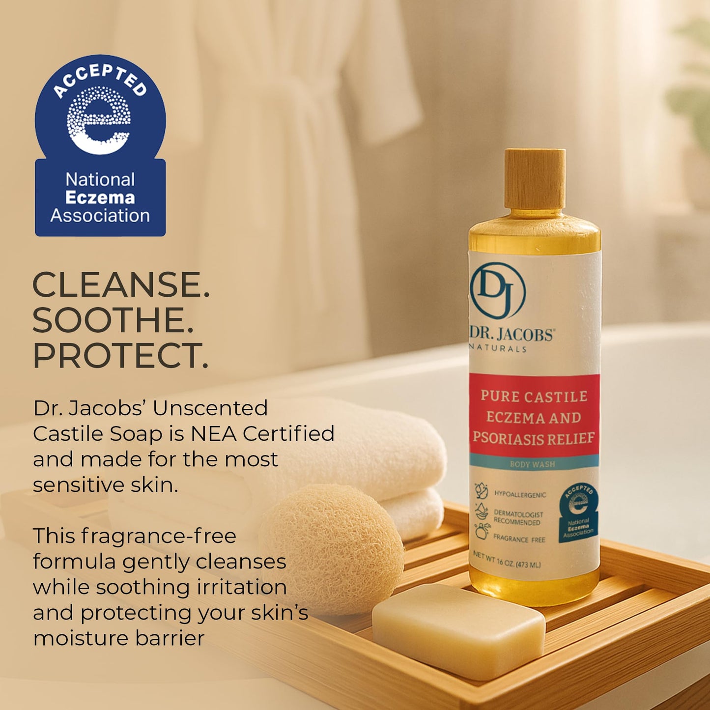 Dr. Jacobs Naturals Hypoallergenic Castile Soap, Dermatologist Tested Unscented Soap for Eczema & Psoriasis Relief - Sensitive Skin Body Wash Vegan & Gluten-Free Formula for All-Day Hydration 16oz-2PK