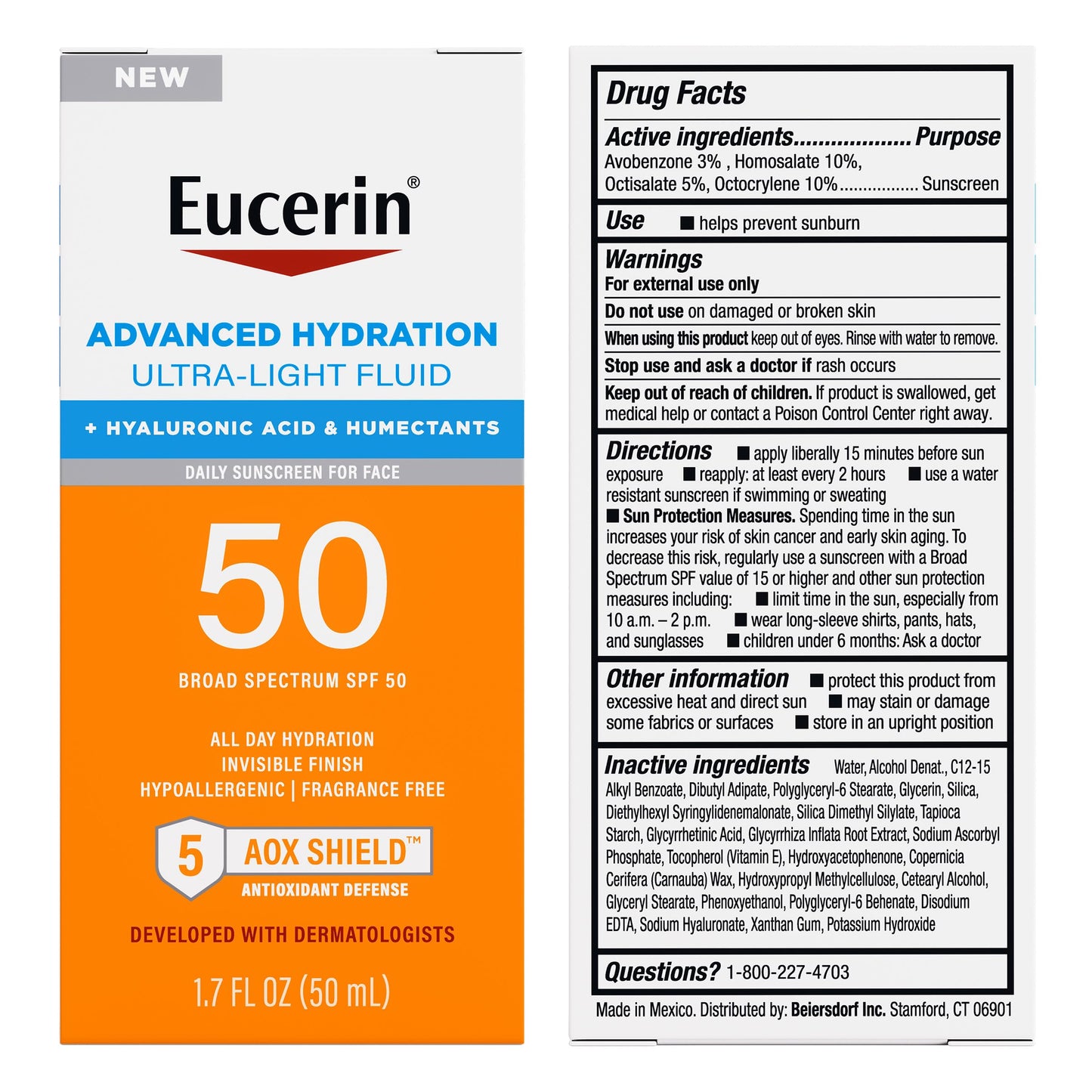 Eucerin Sun Advanced Hydration Ultra-Lightweight Face Sunscreen SPF 50 with Hyaluronic Acid & Humectants, Hydrating Sunscreen for Face, Non Comedogenic and Hypoallergenic, 1.7 Fl Oz Bottle