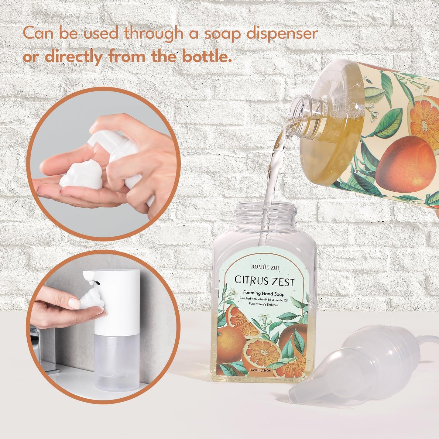 ROMIIE ZOI Citrus Zest Foaming Hand Soap Refill Gift Set – 3 Pack (33.8 Fl Oz Each) with Refillable Dispenser, Moisturizing, Biodegradable & Chemical-Free Formula for Kitchen, Bathroom, Sensitive Skin