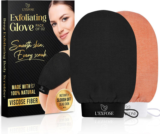 L'Exfose Kessa Hammam Deep Exfoliating Glove 2pc - Korean Exfoliating Mitt for Shower Ideal for Dead Skin Remover, Keratosis Pilaris & Self-Tanning to Improve Skin Tone Made with 100% Natural Viscose
