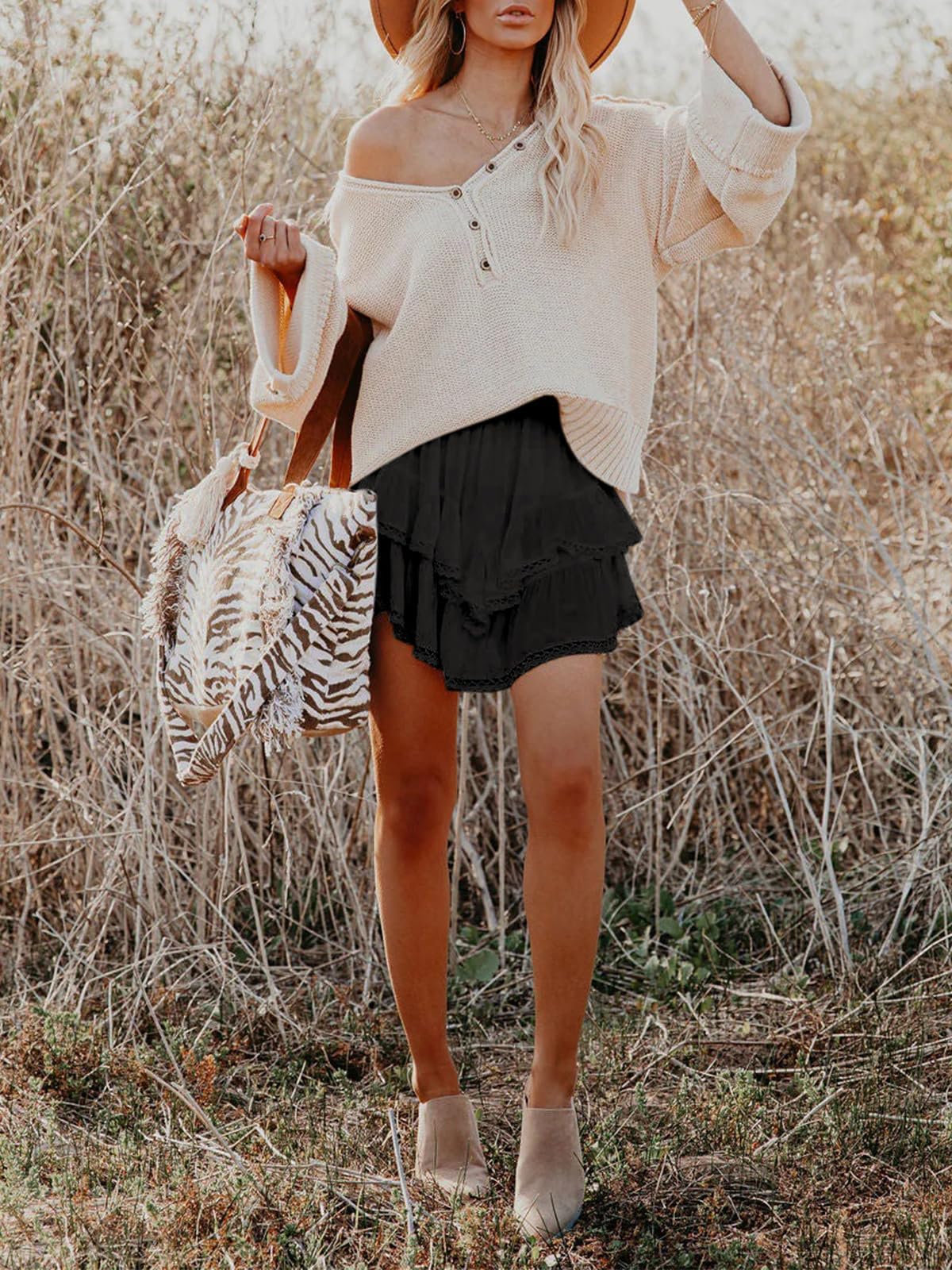 Aoudery Flowy Shorts for Women Casual Boho Ruffle Tiered Skorts High Waist Mini Skirts Golf Tennis Butterfly Crochet Shorts - Black L