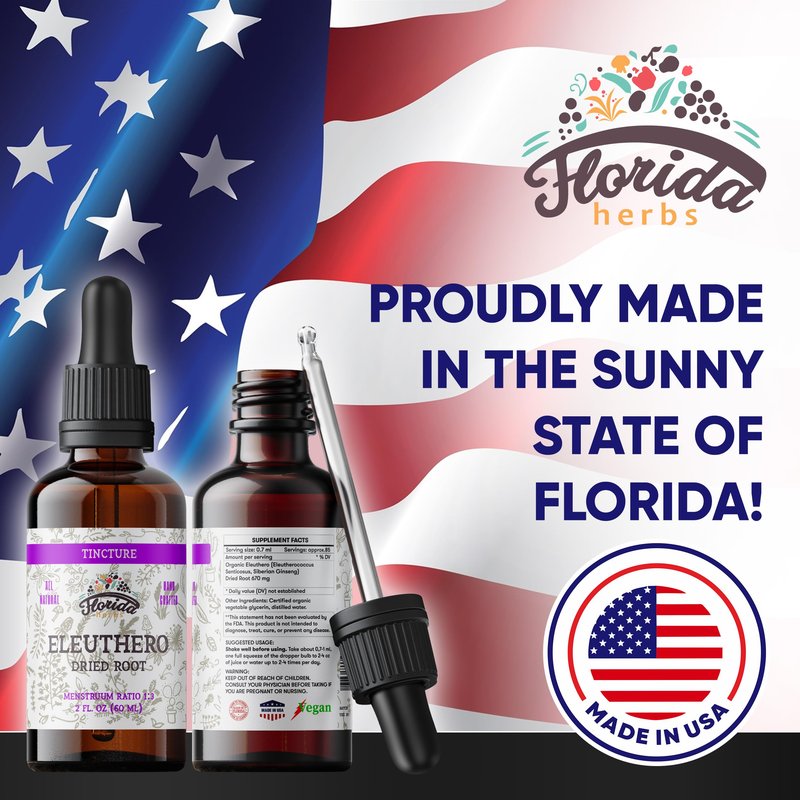 FLORIDA HERBS Eleuthero Tincture, Organic Eleuthero Extract (Siberian Ginseng, Eleutherococcus senticosus)