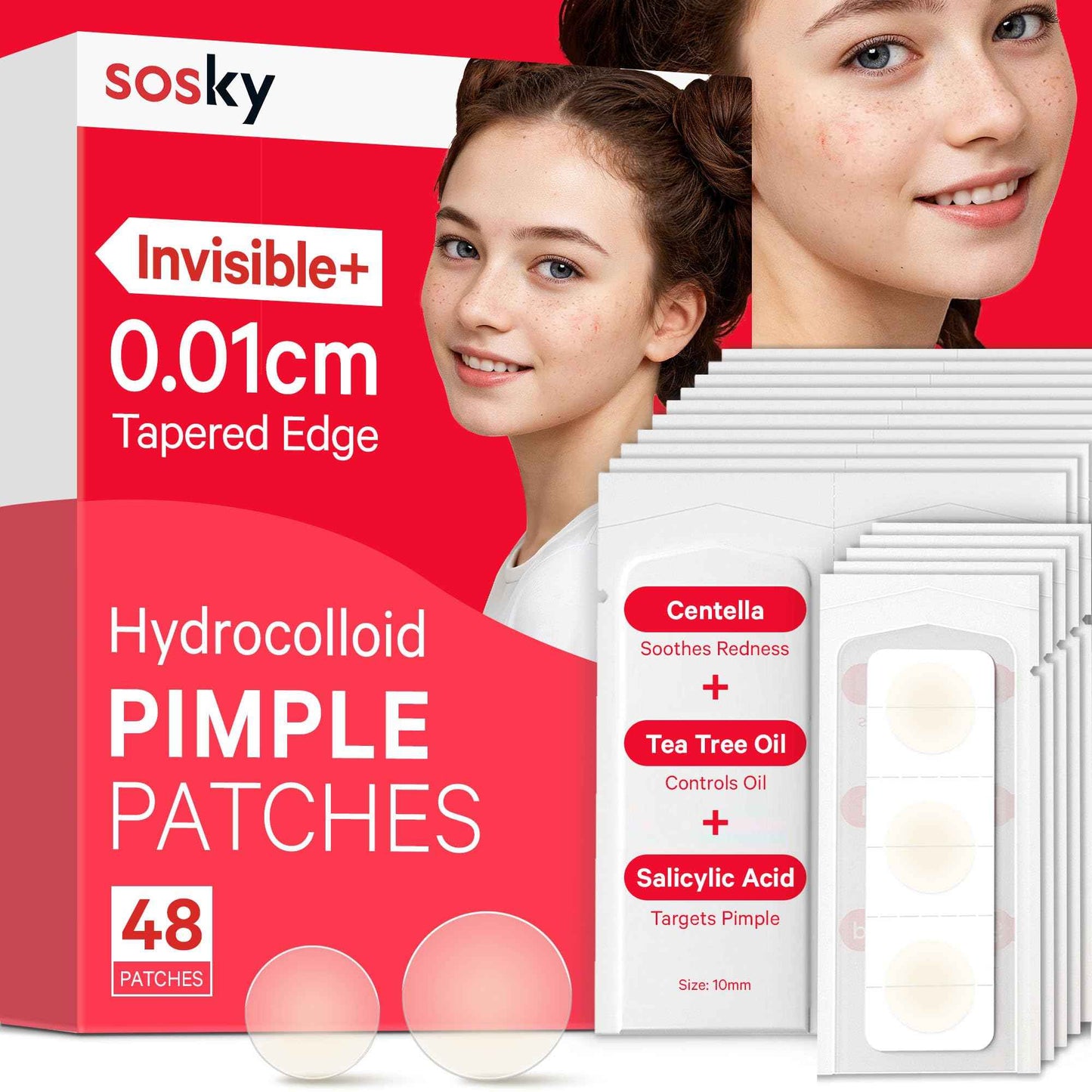 Sosky Pimple Patches for Face, FSA HSA Eligible Invisible Hydrocolloid Acne Patches, Pimple Patches for Covering Zits, Blemishes with Salicylic Acid 2 Sizes 48 Count and 96 Count