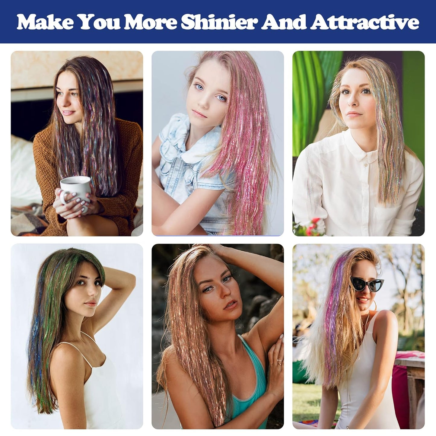 16 Colors Hair Tinsel Kit, ELASO 48 Inches 3300 Strands Tinsel Hair Extensions, Fairy for Christmas Halloween Cosplay Party, Highlights Sparkling Glitter Hair