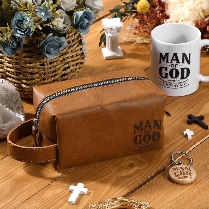Shinylin 3 Pcs Father's Day Man of God Gifts for Men Christian 11.2oz Inspirational Coffee Mug Religious Bible Verse Leather Toiletry Bag Scripture Keychain for Dad Pastors Church Gift(Classic Color)