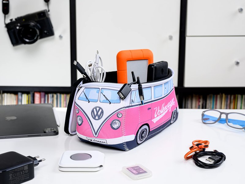 BRISA VW Collection - Volkswagen Neoprene Universal Makeup Cosmetics Toiletry Travel Pharmacy Bag in T1 Bus Design (Pink/Large) (Large (11.8 x 5.5 x 4.7 inches))