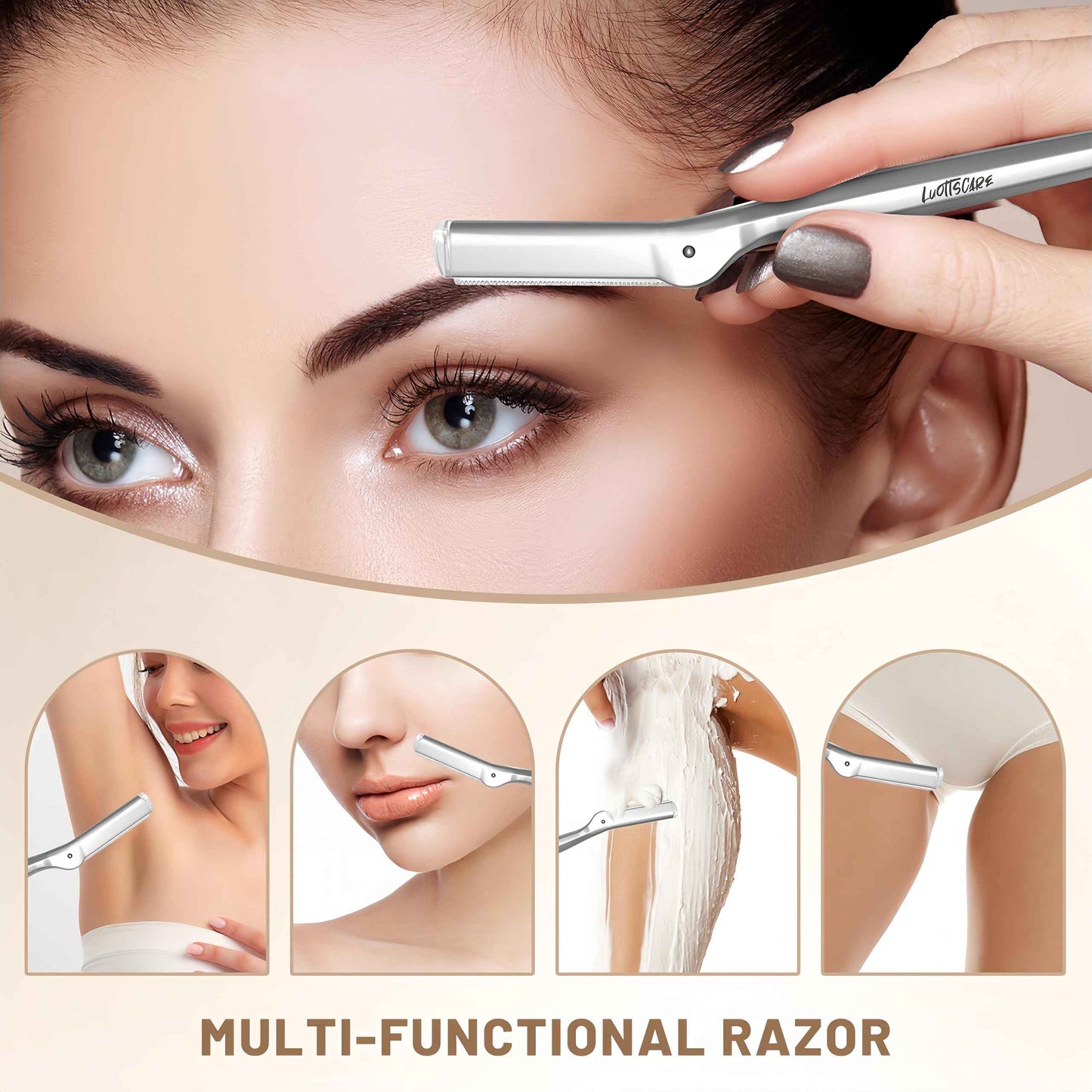 LuottsCare Stainless Steel Eyebrow Razor - Face Razors with Travel Cover & 10 Refill Blades, Eyebrow Brush - Help Exfoliate and Smooth Skin for Eyebrow, Leg, BIKINI, Facial, Beard Remove - L