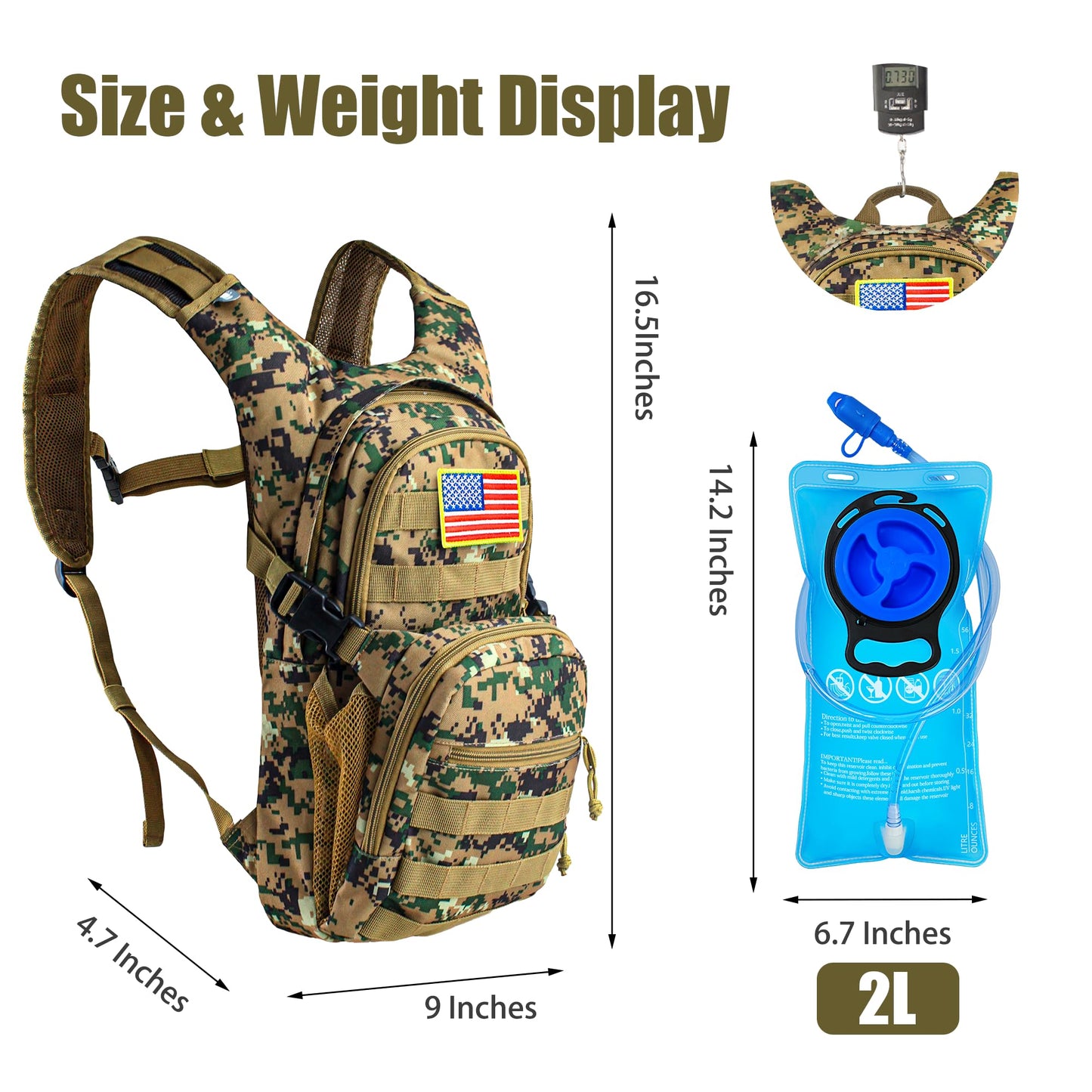 Zavothy Camo Hydration Backpack with 2L Water Bladder Tactical Molle Water Backpack for Men Women Hydration Pack for Hiking Running Climbing