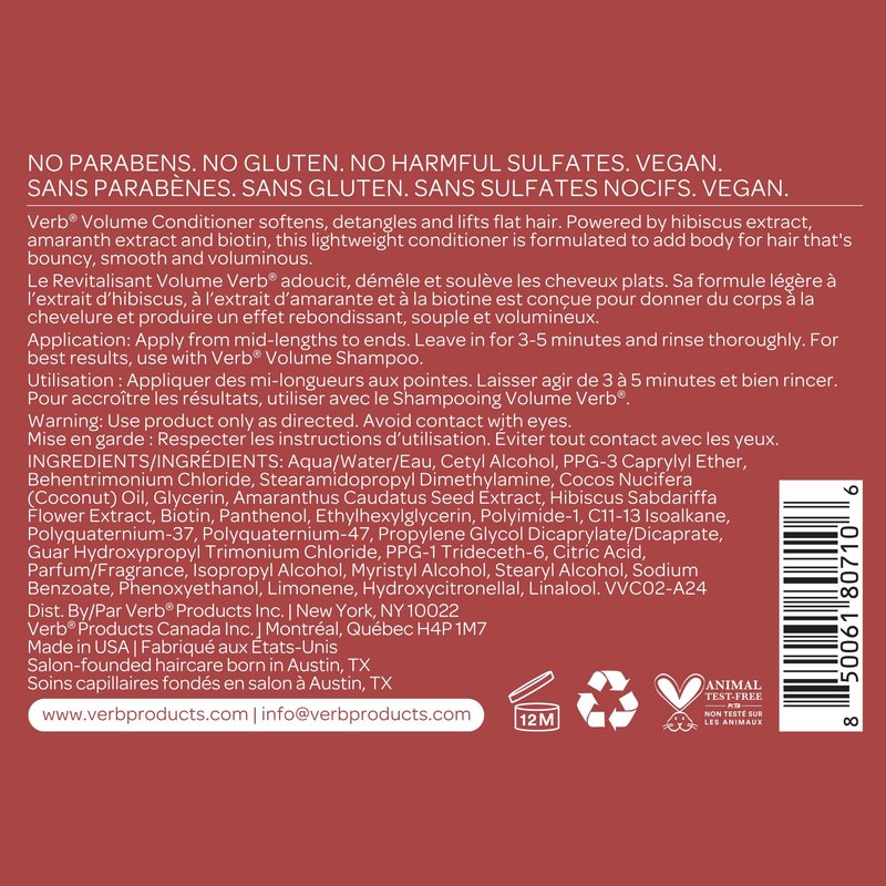 VERB Volume Conditioner 12 fl oz- Softens, Detangles + Lifts Flat Hair- Sulfate, Paraben and Gluten Free