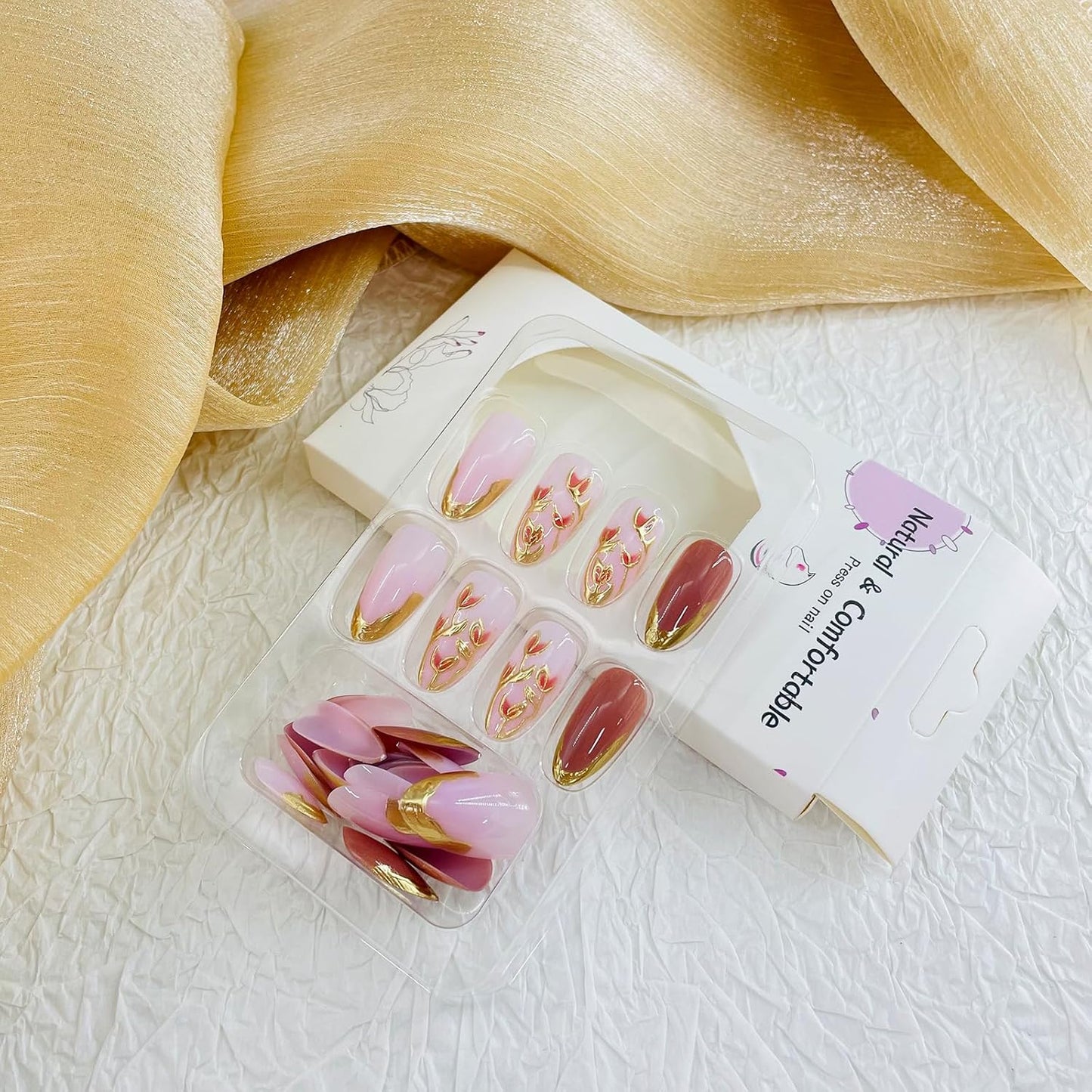 French Tip Almond Press-On Nails with Gold Bow | Reusable Glossy Acrylic False Nails for Women