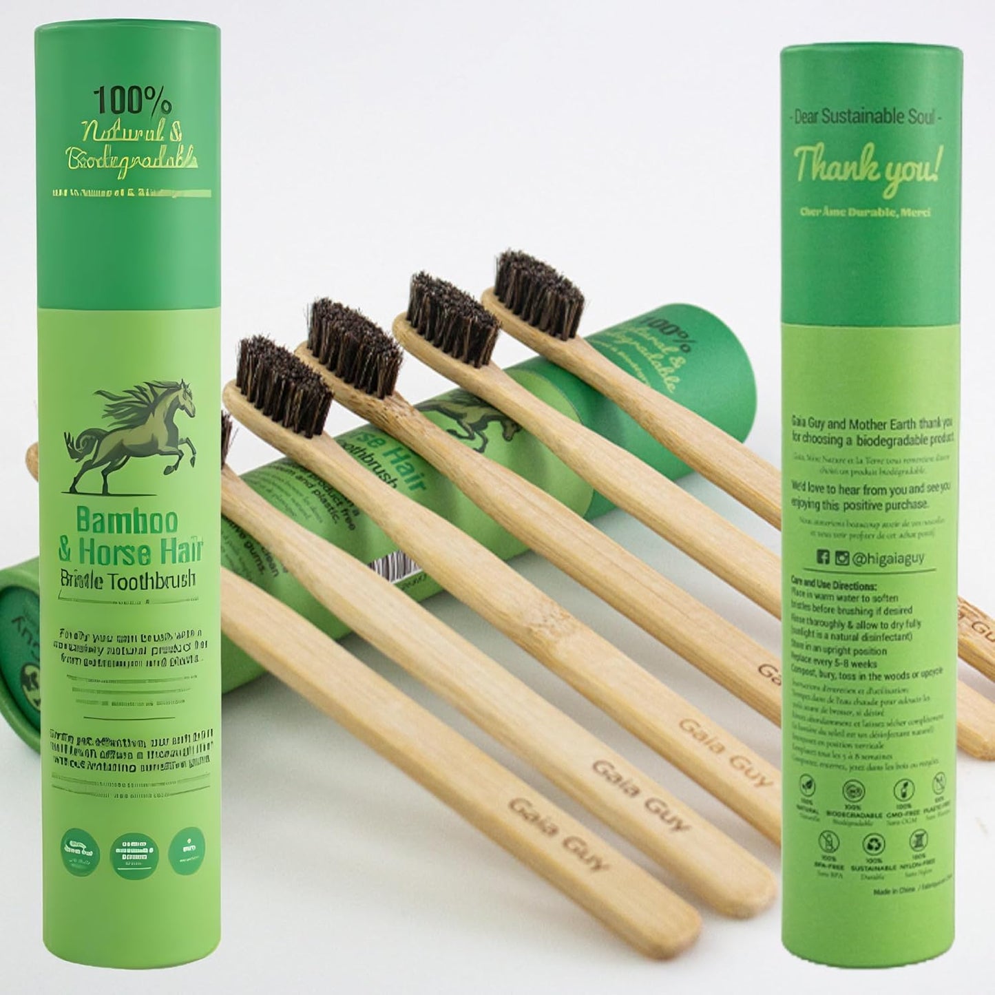 Gaia Guy Bamboo Toothbrush - Soft Natural Bristle, Biodegradable & Compostable | 6-Pack