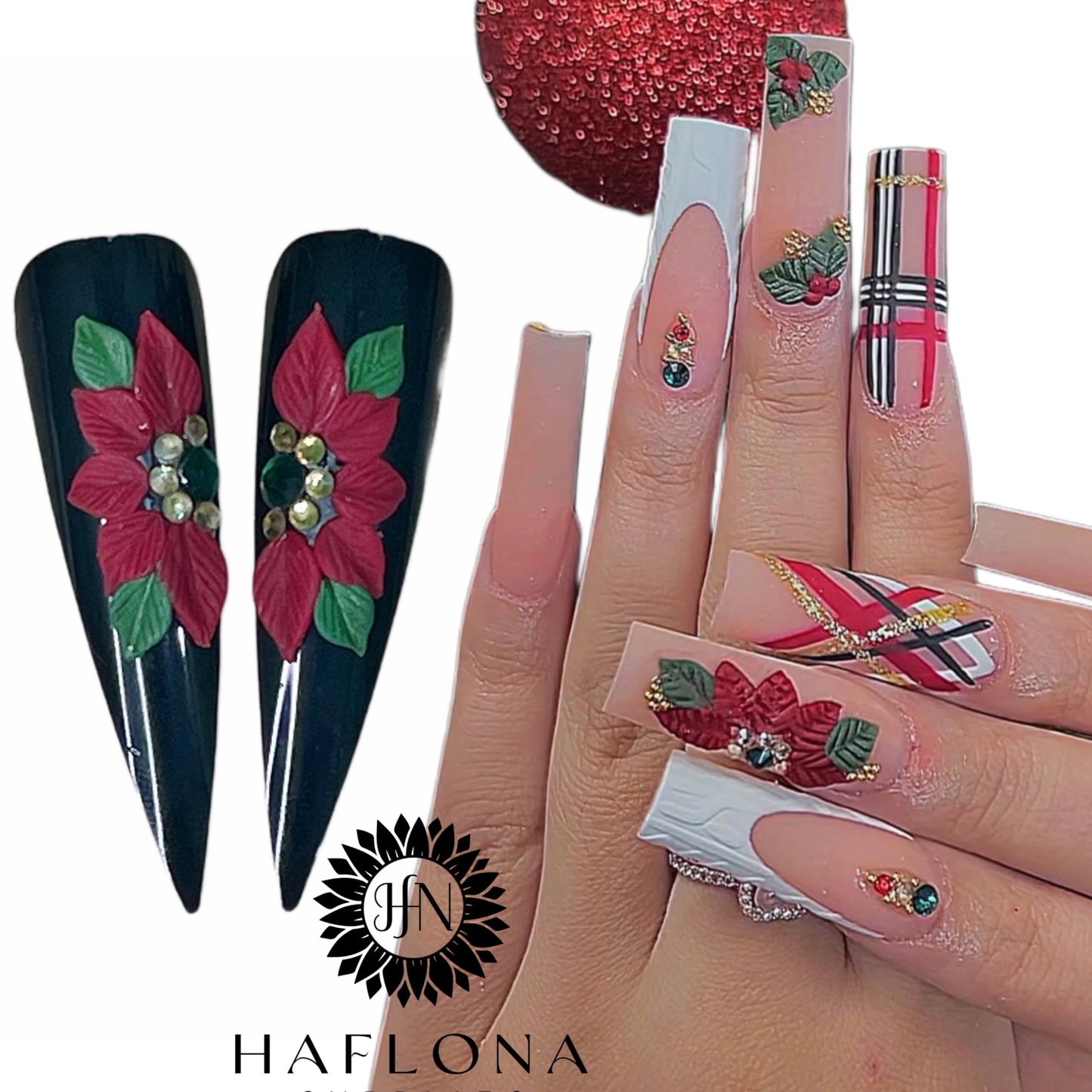 3D Acrylic Christmas Flower Nail Art Charms Handmade by Acrylic Powder - 24pcs Noel Flowers Nail Rhinestones Kit 3D Nails Design Xmas Nail Art for Women (Christmas Flowers 2-Medium & Long Size)