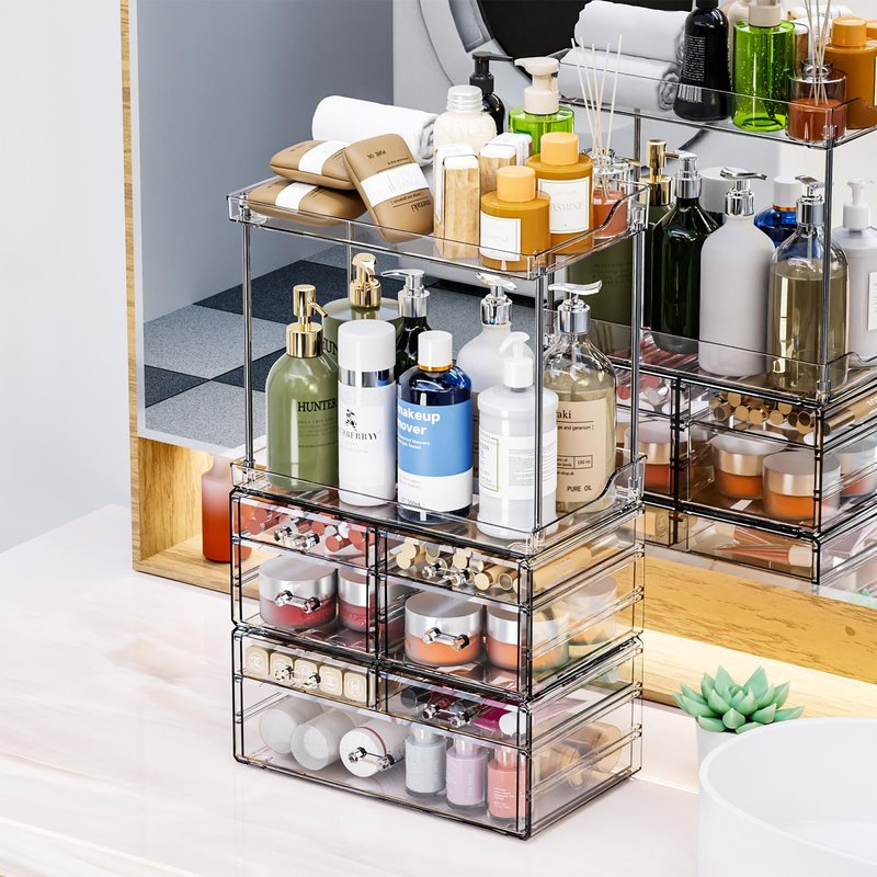 3 Pack Bathroom Organizers and Storage Countertop With 7 Drawers,Stackable Vanity Drawer Organizer for Makeup,18.9" Tall Large Capacity Skincare Organizer and Exquisite Makeup Organizer,Black