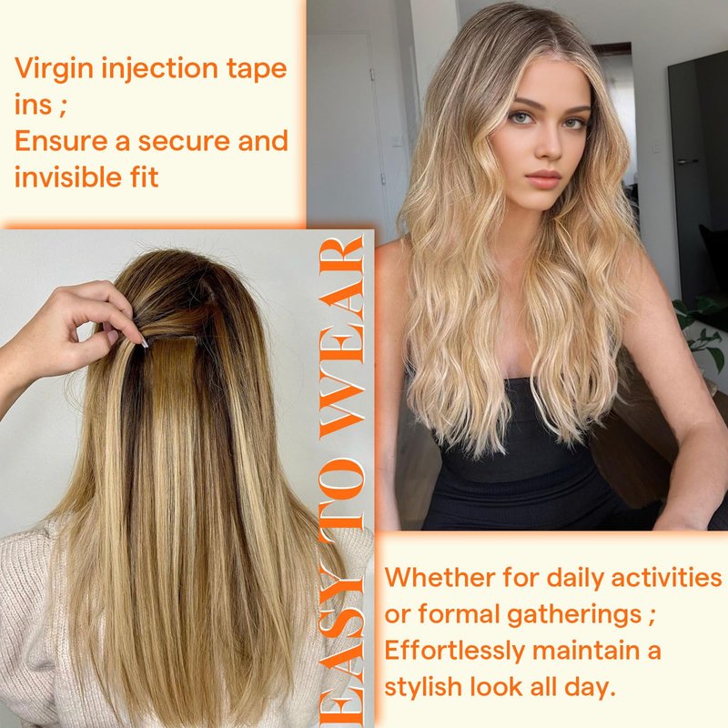 Full Shine Invisible Tape in Hair Extensions, 4/7/80 Balayage Chocolate Brown and Smoky Mushroom Brown, 14 Inch 20G 10 Pcs, Injected Tape ins with Intact Cuticles, Virgin Human Hair, Seamless Blend