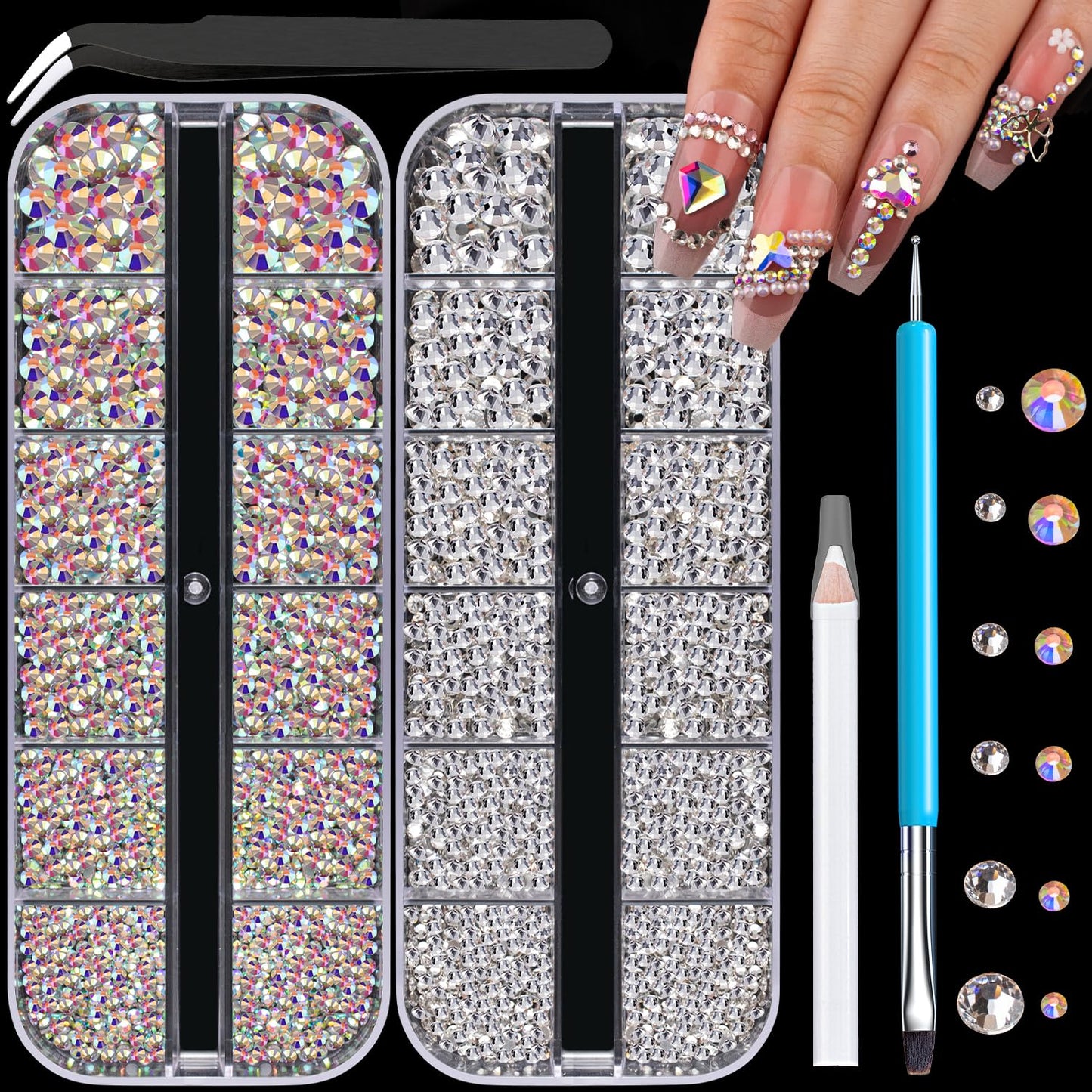 3220Pcs Champagne Gold Nail Rhinestones 120Pcs Multi Shapes Flatback Gems Charms Crystal+3100Pcs 1.5-4mm Round Beads, Glass Diamond Gemstones for Bedazzling Acrylic Nails Decoration