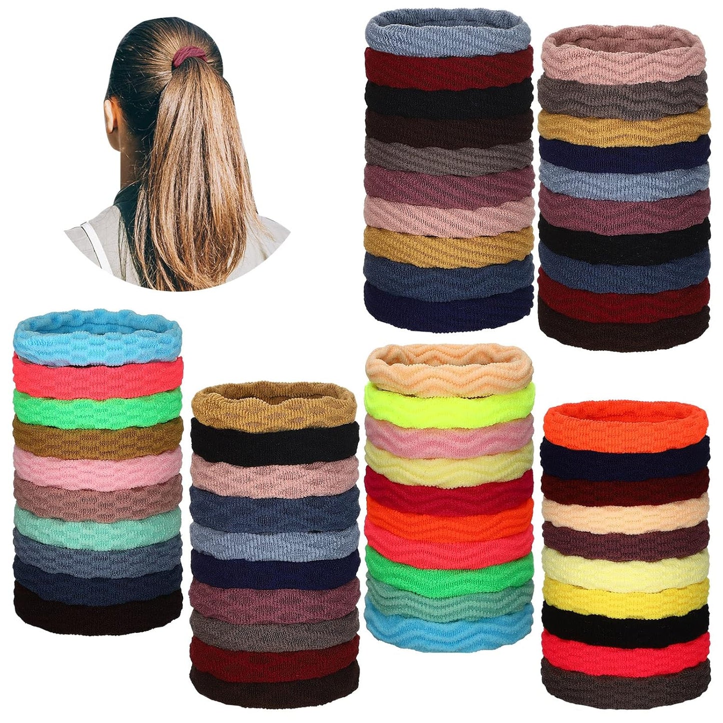 Seamless Hair Ties - 60 Cotton No-Crease Ponytail Holders for Thick Curly Hair