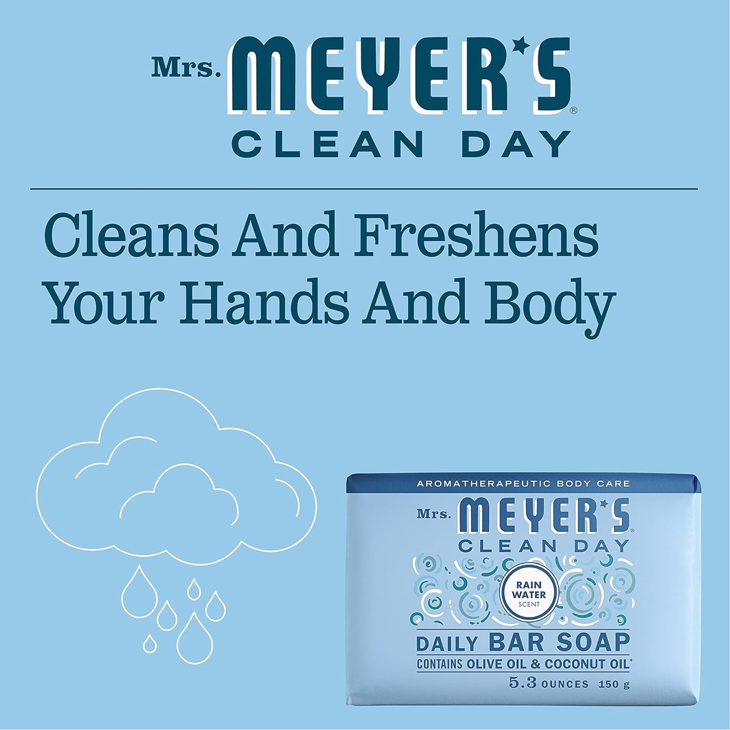 MRS. MEYER'S CLEAN DAY Bar Soap, Use as Body Wash or Hand Soap, Made with Essential Oils, Rain Water, 5.3 oz, 1 Bar