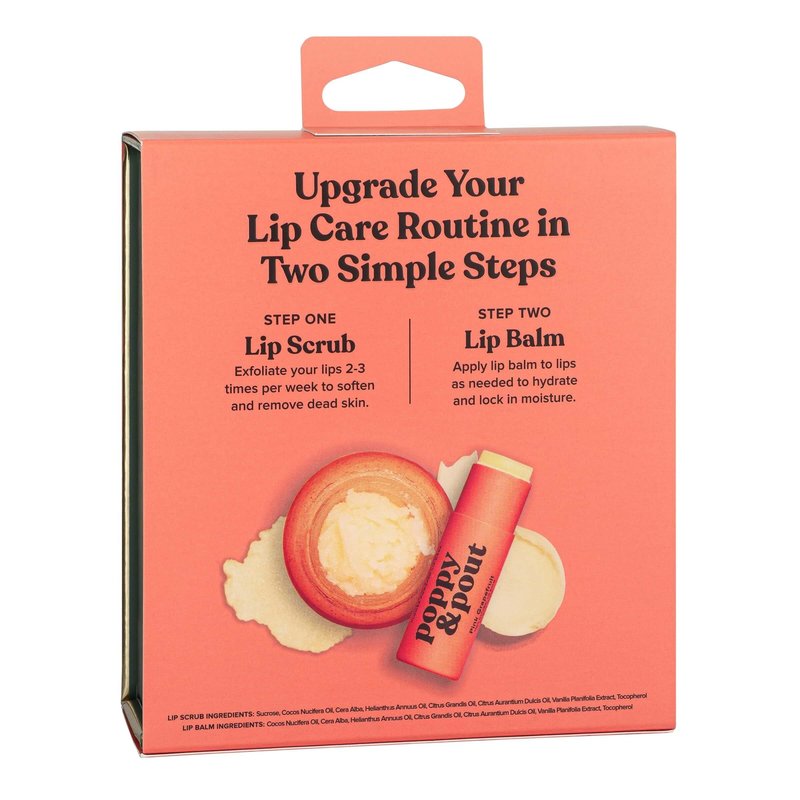 Poppy & Pout Lip Care Set | Lip Balm & Scrub | Sustainable Cardboard Tubes & Glass Jars, All Natural, Beeswax, Coconut Oil, Cruelty Free, Exfoliating & Moisturizing Lip Treatment (Pink Grapefruit)