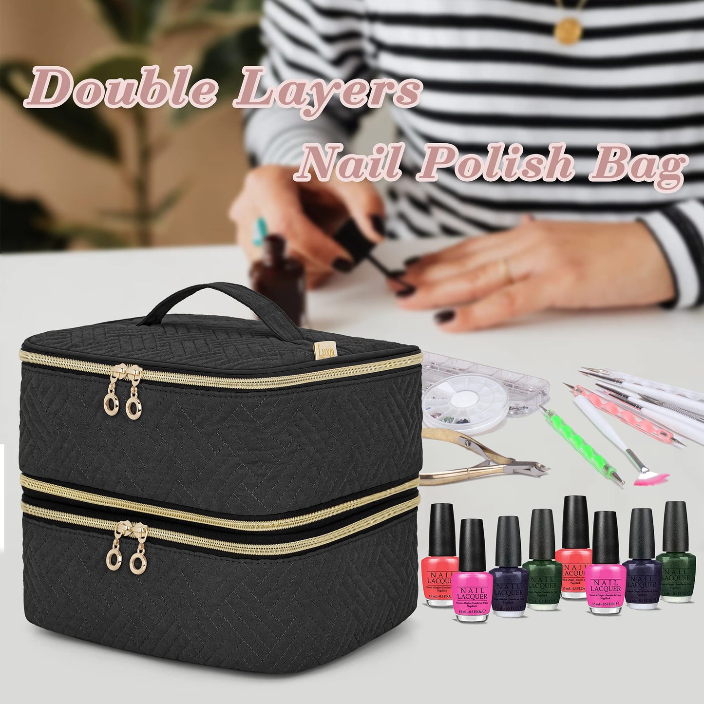 LUXJA Detachable 2 Layers Nail Polish Organizer - Hold 60 Bottles (15ml - 0.5 fl.oz), Nail Polish Case with Tools Storage Pockets (Patented Design), Black