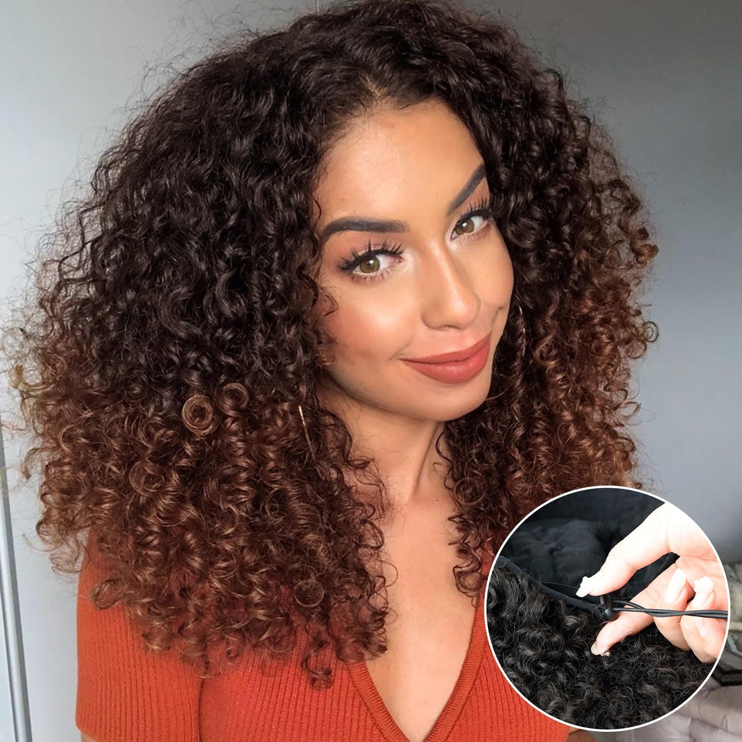 NOSTALGIA Half Wig Kinky Curly Flexi-Fit Invisi 3 in 1 Wigs Flip Drawstring Wig Glueless Synthetic With Natural Density Ready to Go Headband Wig for Women 16Inches(Black Mix Dark Brown 1B/33)