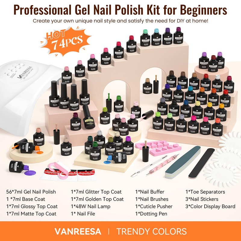 VANREESA Gel Nail Polish Kit with U V Light 74 Pcs Gel Polish Nail Set 56 All Seasons Colors Nail Polish Set + Base and 4 Effects Top Coat with Manicure Tools Complete Nail Kit Gifts for Women