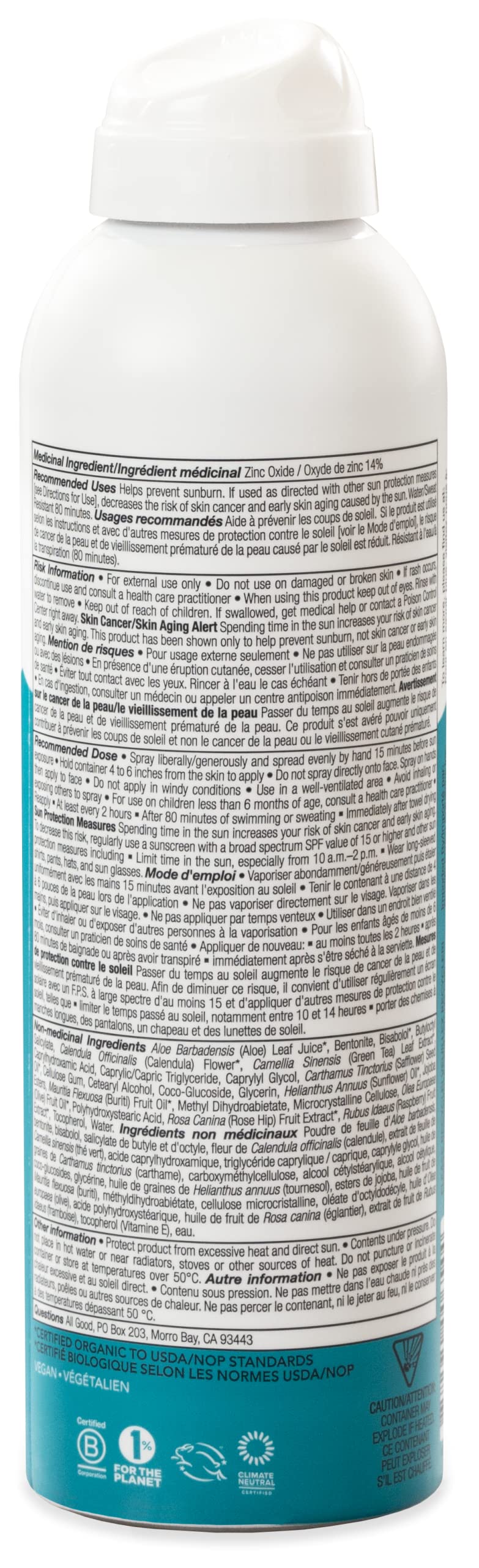All Good Sport Sunscreen Spray - UVA/UVB Broad Spectrum SPF 30 - Water Resistant, Coral Reef Friendly - Zinc, Calendula, Aloe (6 oz)