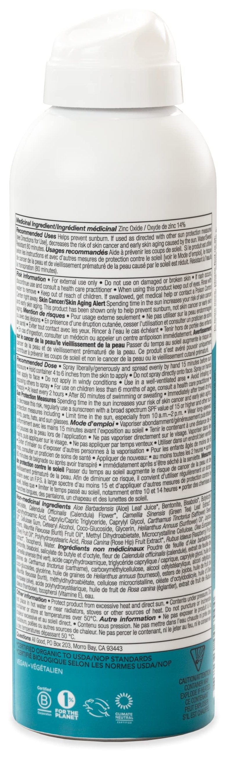 All Good Sport Sunscreen Spray - UVA/UVB Broad Spectrum SPF 30 - Water Resistant, Coral Reef Friendly - Zinc, Calendula, Aloe (6 oz)