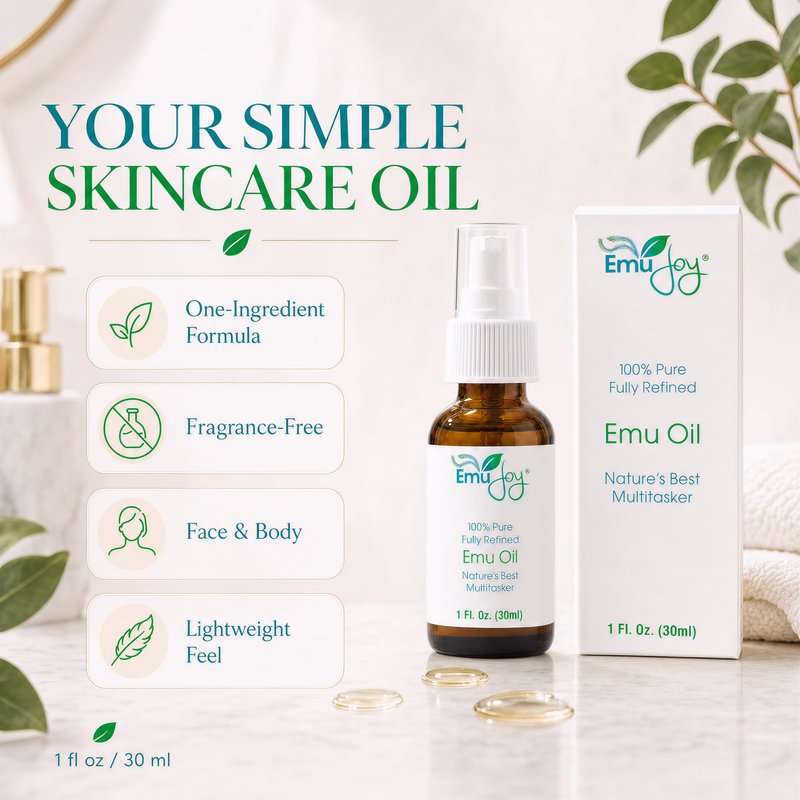 Emu Joy Emu Oil - Pure, Fully Refined Emu Oil for Skin & Body - Fast Absorbing, Non Greasy Conditioning Oil - Fragrance Free - Sensitive, Eczema & Psoriasis Prone Skin - 1 fl oz