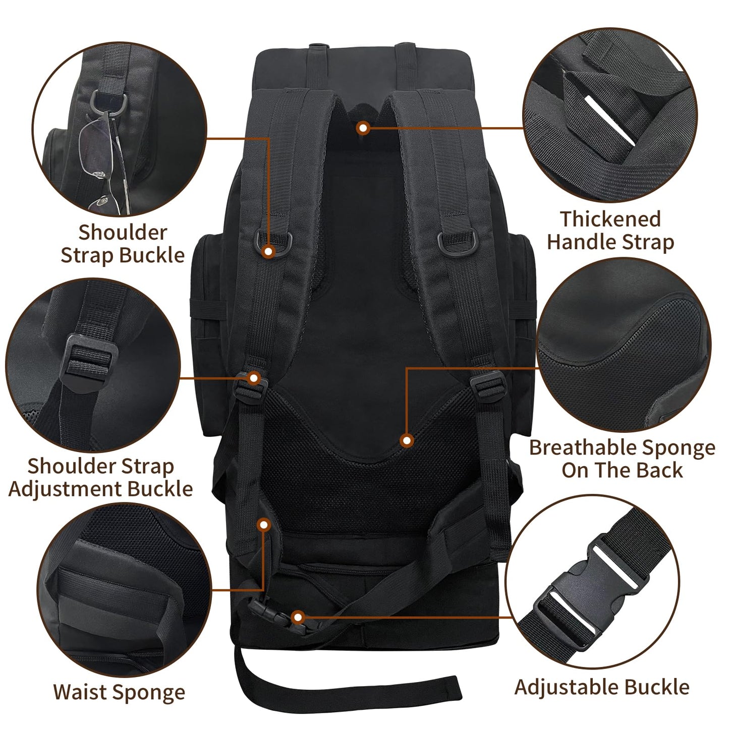 Vaupan Hiking Backpack, 100L Large Camping Backpack, Expandable Waterproof Molle Rucksack, Outdoor Sport Travel Daypack Military Tactical Back pack for Men Women (Black)