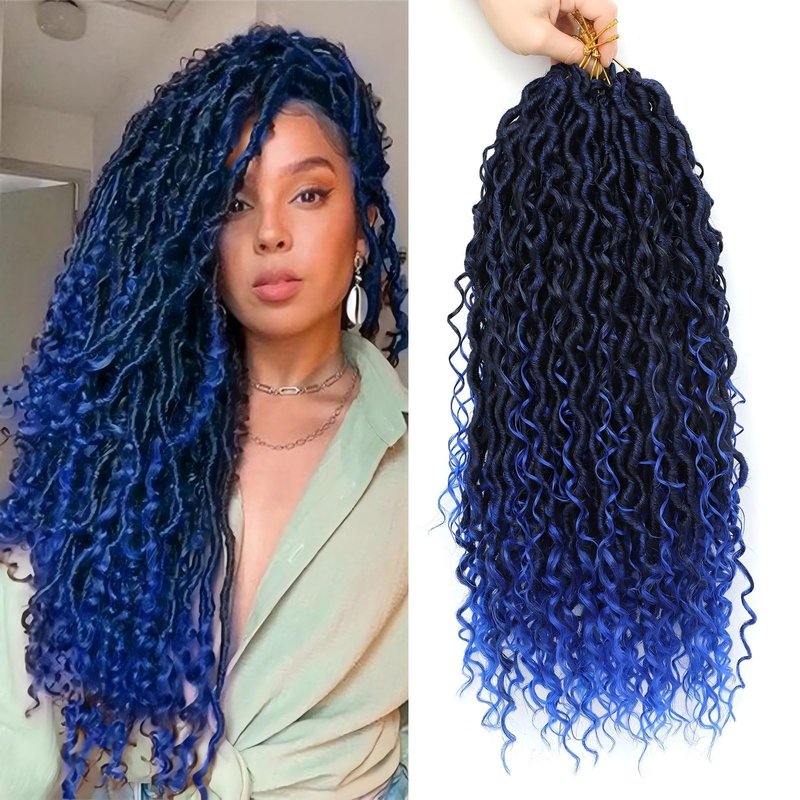 Goddess Locs Crochet Hair 1B/Blue Boho Faux Locs Crochet with Curly Ends 8 Packs Long Bohemian Crochet Hair for Black Women Synthetic Hair Extentions (1B/Blue,24 Inch)