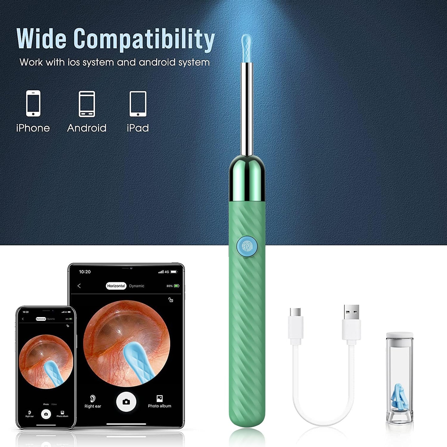 LEIPUT Ear Wax Removal - Earwax Remover Tool with 8 Pcs Ear Set - Ear Canal Cleaner with 1080P Camera - Ear Cleaning Kit with 6 Ear Spoon - Ear Camera for iOS & Android (Green)