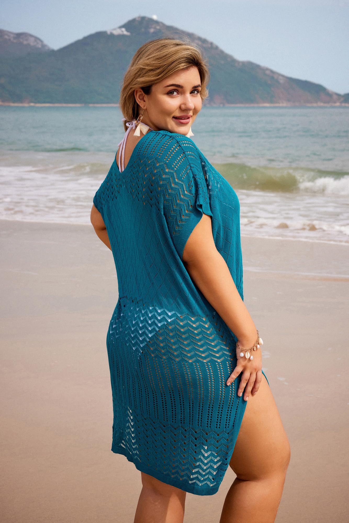 Hanna Nikole Plus Size Women Cool Bikini Crochet Cover Ups Swimwear Pullover Split Swimsuit Bathing Suit Coverups Blue 26Plus