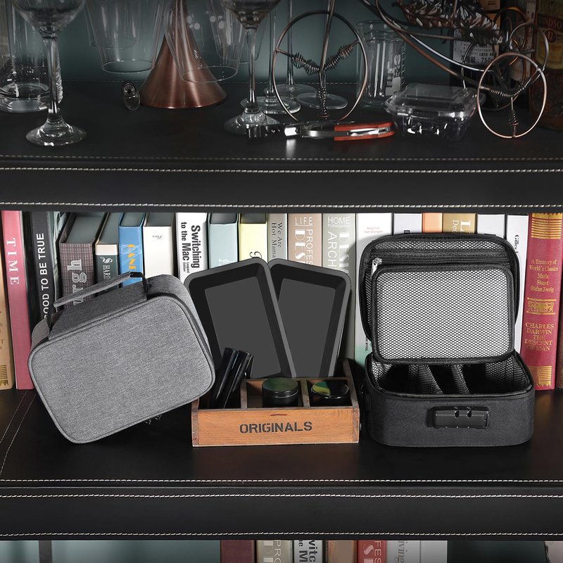 Grey Medium Size Smell Proof Storage Carrier Bag with 11 PCS Accessories, Water-Resistant file Organizers Box Case with Combination Lock, Medicine Container Pouch, Great Gift for Friends.