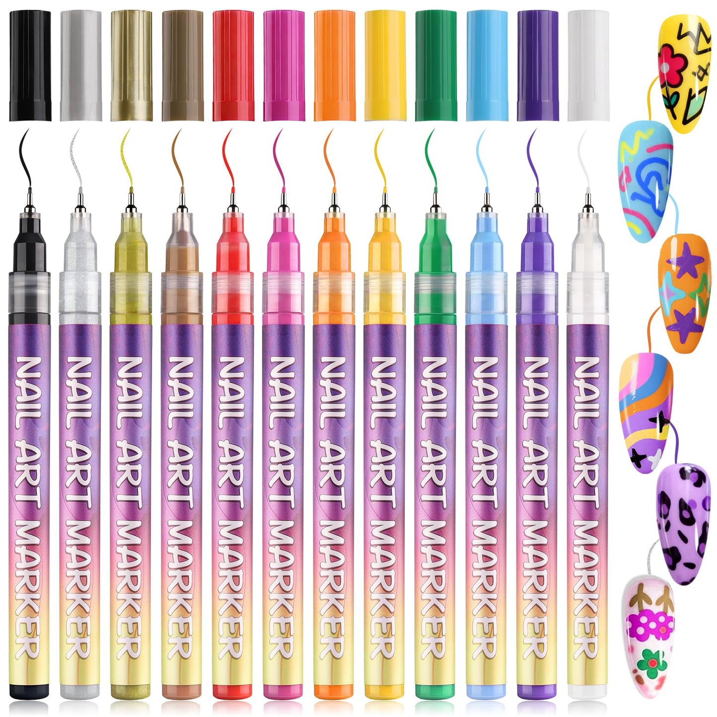 KINGMAS 12 Color Nail Art Pens, 0.5mm Nail Polish Marker Set, Drawing Painting Point Liner Acrylic Painted Pen Kit, Waterproof and Quick-drying for DIY Nails Art Design Manicure Tools